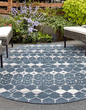 Navy Blue 5' 3 x 8' Outdoor Trellis Oval Area Rug Weather Resistant for Patio, Deck, Terrace, Balcony, Porch Geometric Design Water Safe Outside Carpet for Sale at Rug Engine