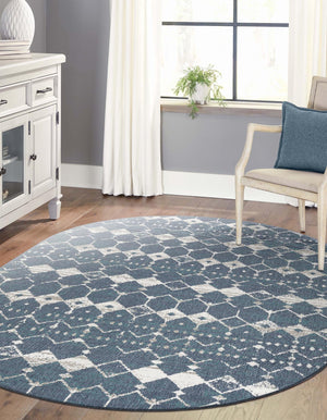 Navy Blue 7' 10 x 10' Outdoor Trellis Oval Area Rug Weather Resistant for Patio, Deck, Terrace, Balcony, Porch Geometric Design Water Safe Outside Carpet for Sale at Rug Engine