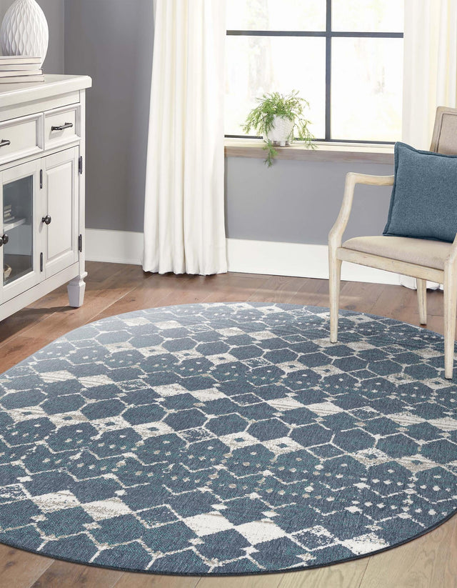 Navy Blue 7' 10 x 10' Outdoor Trellis Oval Area Rug Weather Resistant for Patio, Deck, Terrace, Balcony, Porch Geometric Design Water Safe Outside Carpet for Sale at Rug Engine