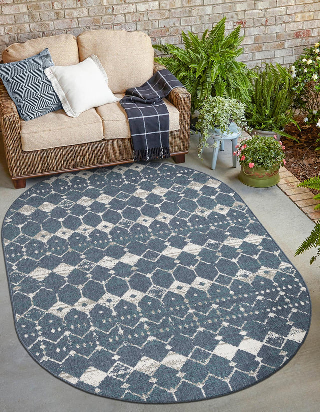 Navy Blue 7' 10 x 10' Outdoor Trellis Oval Area Rug Weather Resistant for Patio, Deck, Terrace, Balcony, Porch Geometric Design Water Safe Outside Carpet for Sale at Rug Engine