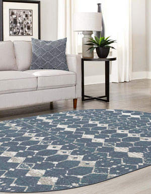 Navy Blue 7' 10 x 10' Outdoor Trellis Oval Area Rug Weather Resistant for Patio, Deck, Terrace, Balcony, Porch Geometric Design Water Safe Outside Carpet for Sale at Rug Engine