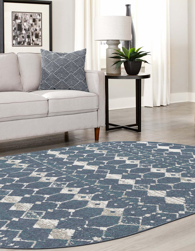 Navy Blue 7' 10 x 10' Outdoor Trellis Oval Area Rug Weather Resistant for Patio, Deck, Terrace, Balcony, Porch Geometric Design Water Safe Outside Carpet for Sale at Rug Engine