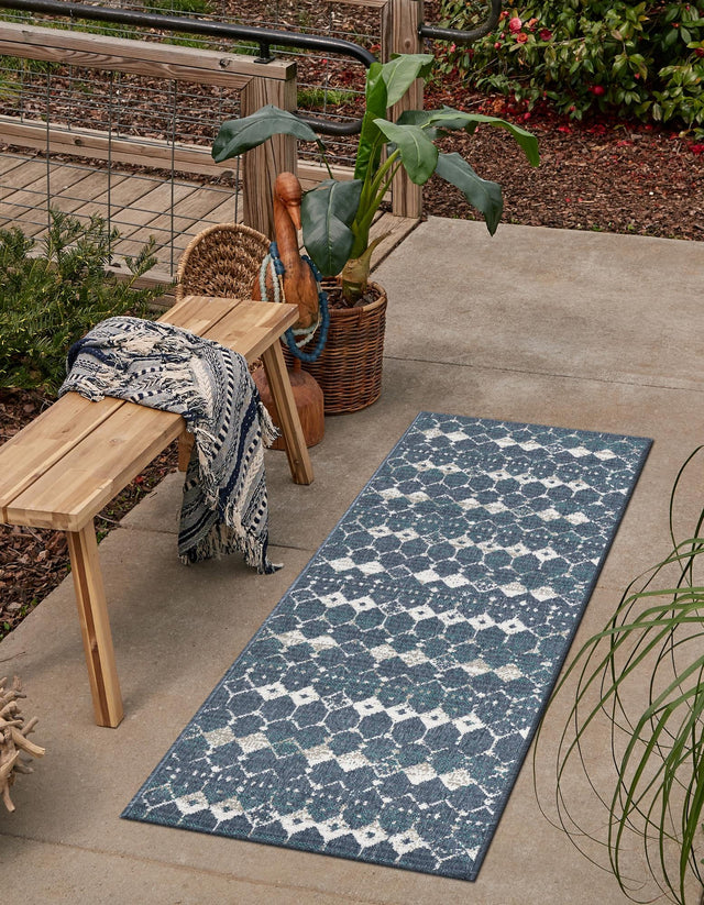 Navy Blue 2' x 6' Outdoor Trellis Runner Area Rug Weather Resistant for Patio, Deck, Terrace, Balcony, Porch Geometric Design Water Safe Outside Carpet for Sale at Rug Engine