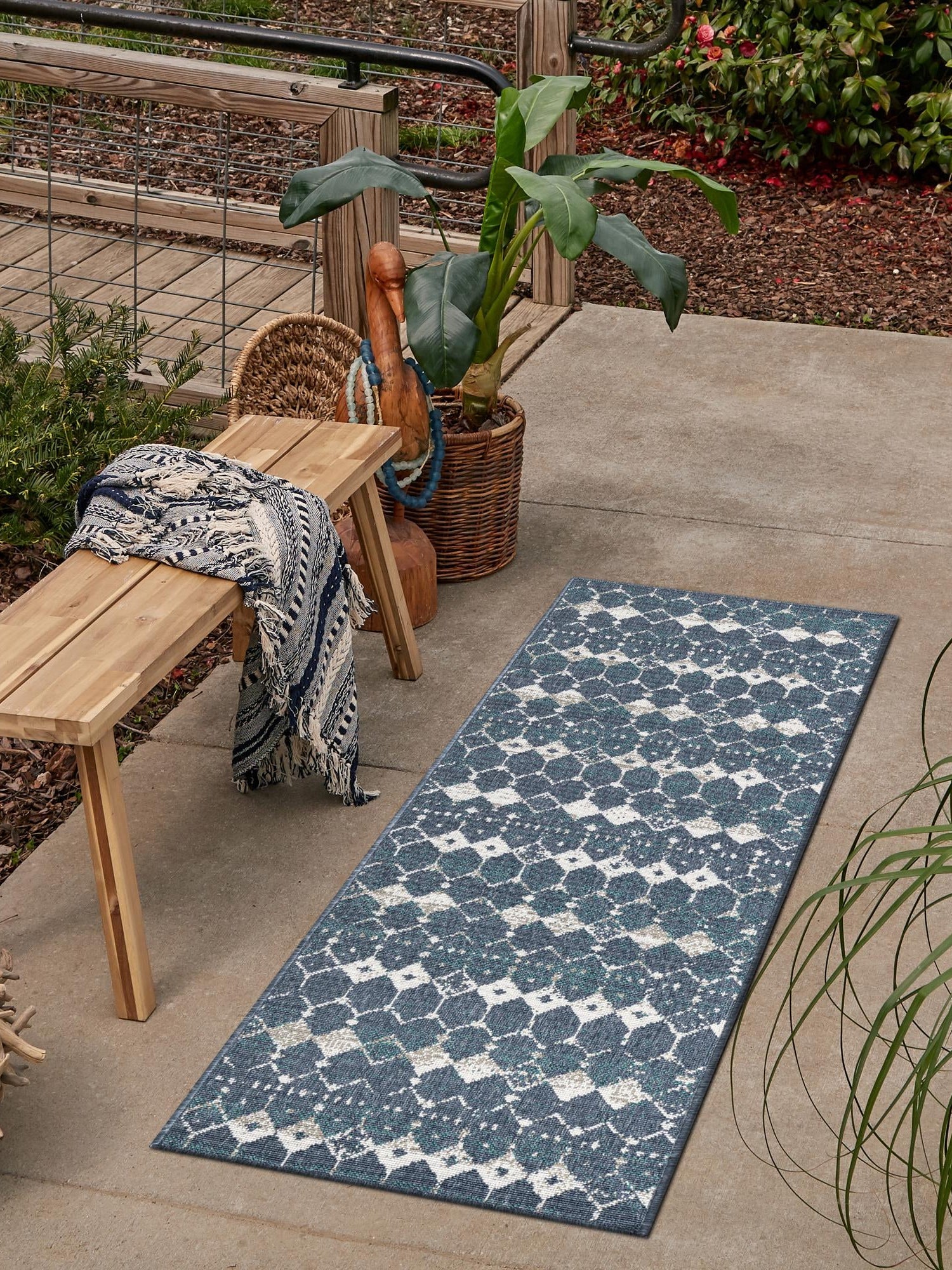 Navy Blue 2' x 8' Outdoor Trellis Runner Area Rug Weather Resistant for Patio, Deck, Terrace, Balcony, Porch Geometric Design Water Safe Outside Carpet for Sale at Rug Engine