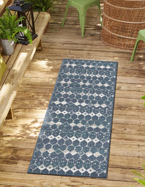 Navy Blue 2' x 6' Outdoor Trellis Runner Area Rug Weather Resistant for Patio, Deck, Terrace, Balcony, Porch Geometric Design Water Safe Outside Carpet for Sale at Rug Engine