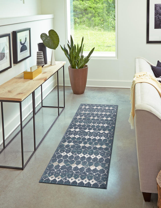 Navy Blue 2' x 6' Outdoor Trellis Runner Area Rug Weather Resistant for Patio, Deck, Terrace, Balcony, Porch Geometric Design Water Safe Outside Carpet for Sale at Rug Engine