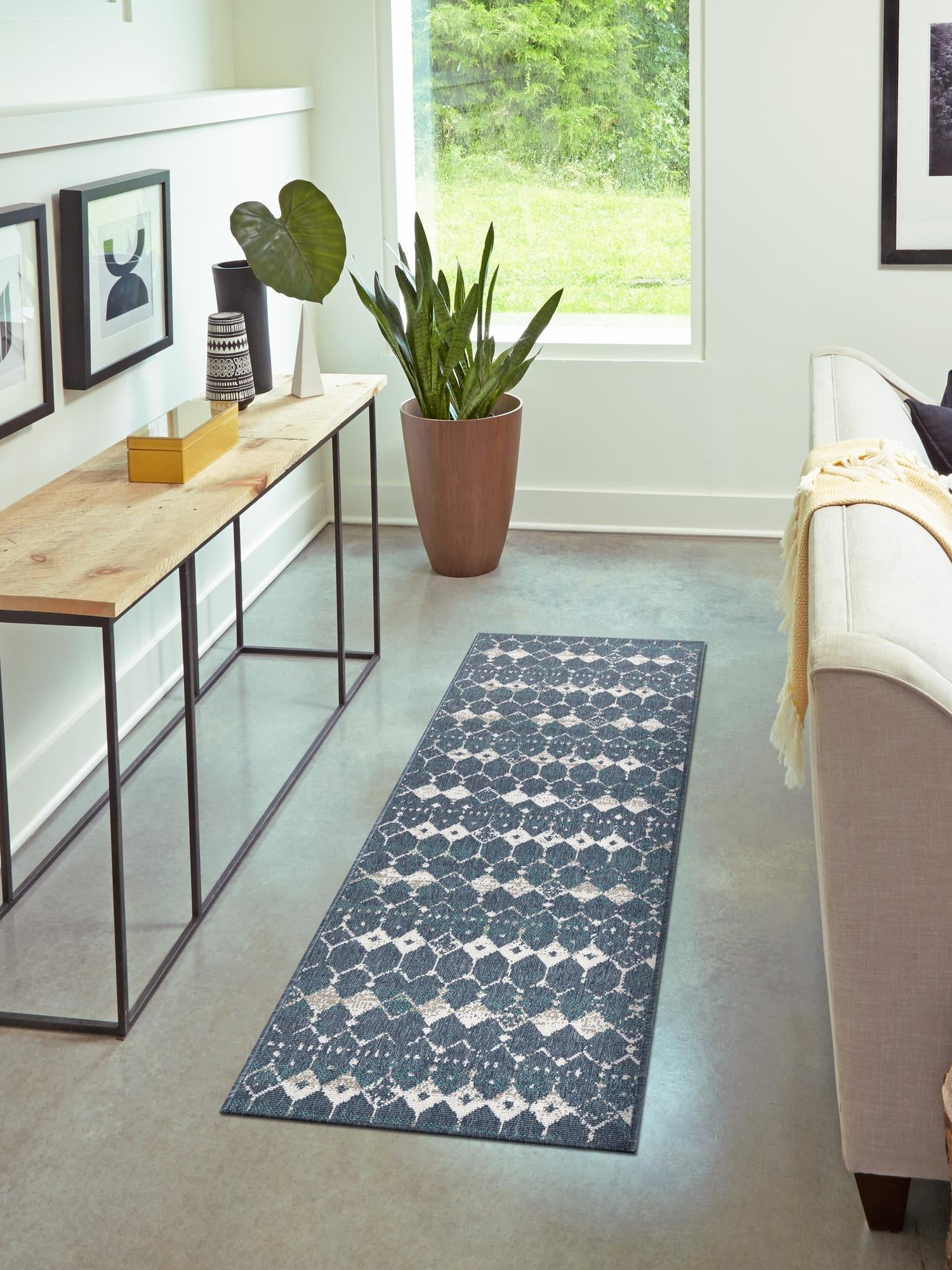 Navy Blue 2' x 8' Outdoor Trellis Runner Area Rug Weather Resistant for Patio, Deck, Terrace, Balcony, Porch Geometric Design Water Safe Outside Carpet for Sale at Rug Engine
