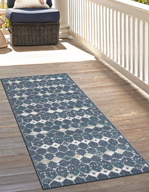 Navy Blue 2' x 8' Outdoor Trellis Runner Area Rug Weather Resistant for Patio, Deck, Terrace, Balcony, Porch Geometric Design Water Safe Outside Carpet for Sale at Rug Engine