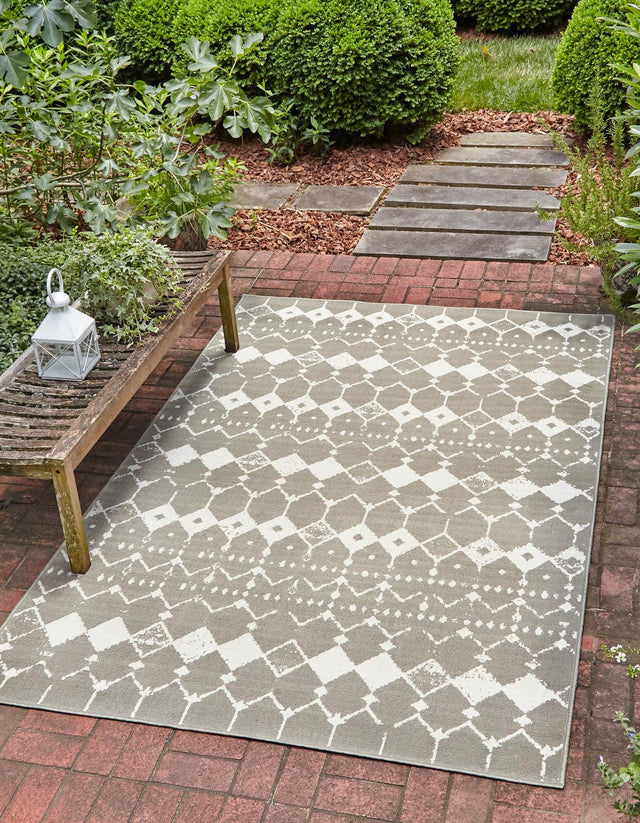 Gray 5' 3 x 8' Outdoor Trellis Rectangle Area Rug Weather Resistant for Patio, Deck, Terrace, Balcony, Porch Geometric Design Water Safe Outside Carpet for Sale at Rug Engine