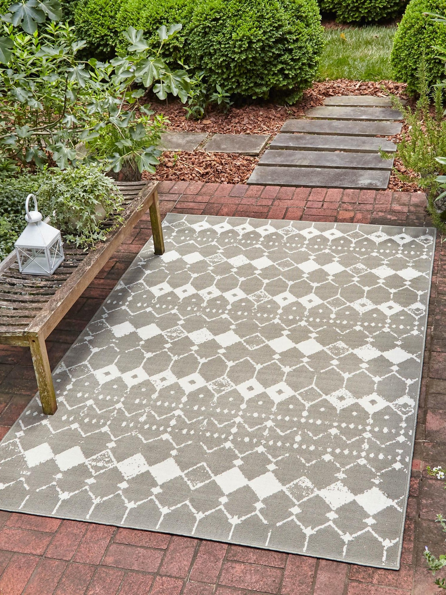 Gray 1' 3 x 1' 3 Outdoor Trellis Sample Area Rug Weather Resistant for Patio, Deck, Terrace, Balcony, Porch Geometric Design Water Safe Outside Carpet for Sale at Rug Engine