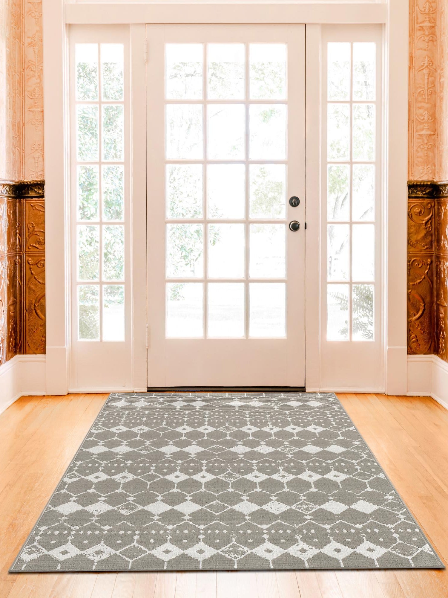 Gray 9' x 12' Outdoor Trellis Rectangle Area Rug Weather Resistant for Patio, Deck, Terrace, Balcony, Porch Geometric Design Water Safe Outside Carpet for Sale at Rug Engine