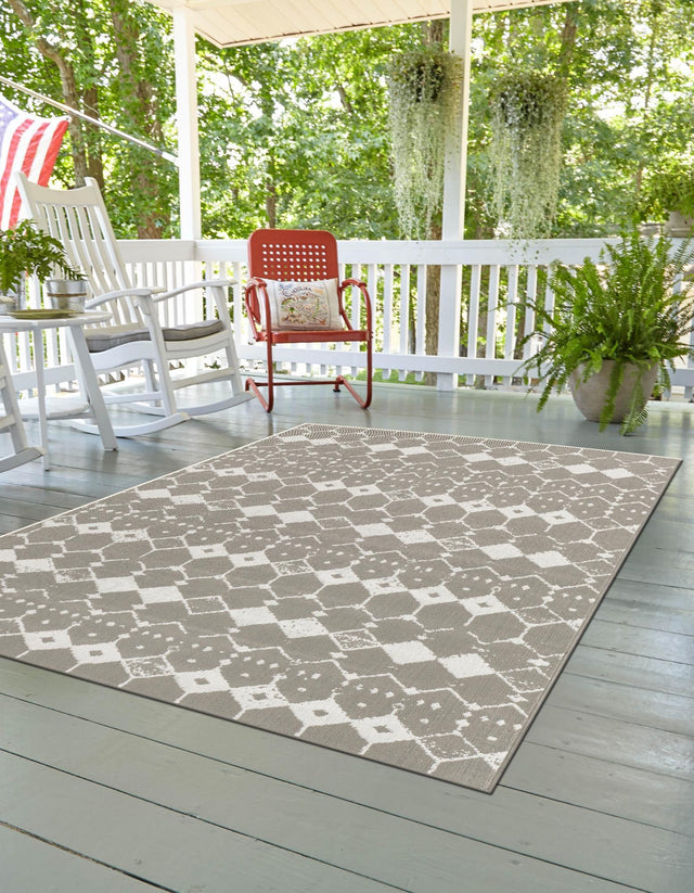 Gray 7' 10 x 10' Outdoor Trellis Rectangle Area Rug Weather Resistant for Patio, Deck, Terrace, Balcony, Porch Geometric Design Water Safe Outside Carpet for Sale at Rug Engine