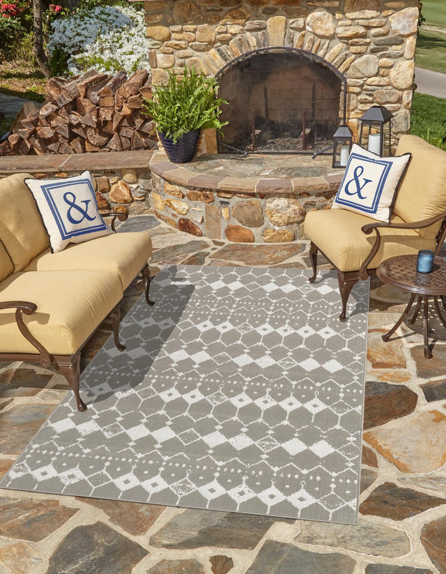 Gray 6' x 9' Outdoor Trellis Rectangle Area Rug Weather Resistant for Patio, Deck, Terrace, Balcony, Porch Geometric Design Water Safe Outside Carpet for Sale at Rug Engine