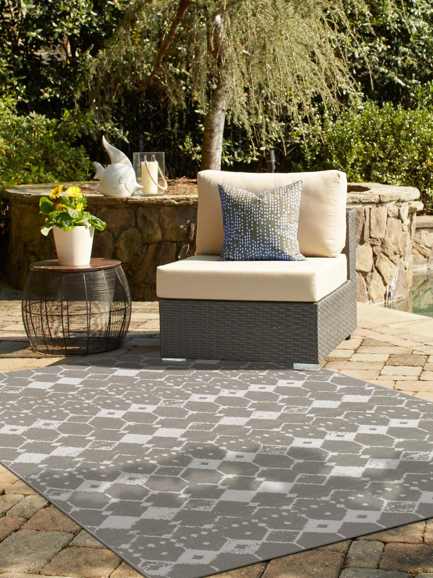 Gray 5' 3 x 8' Outdoor Trellis Rectangle Area Rug Weather Resistant for Patio, Deck, Terrace, Balcony, Porch Geometric Design Water Safe Outside Carpet for Sale at Rug Engine