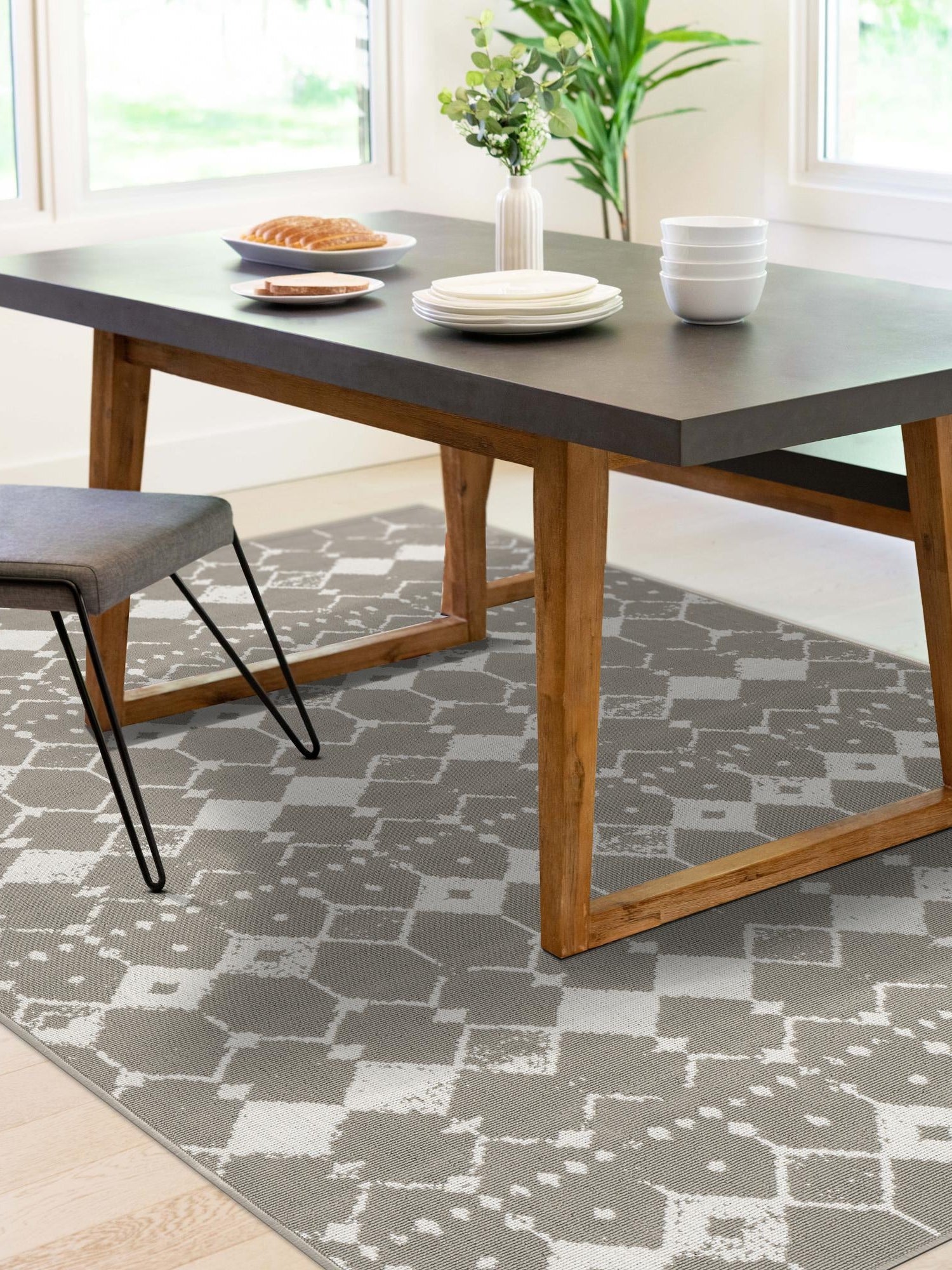Gray 5' 3 x 8' Outdoor Trellis Rectangle Area Rug Weather Resistant for Patio, Deck, Terrace, Balcony, Porch Geometric Design Water Safe Outside Carpet for Sale at Rug Engine