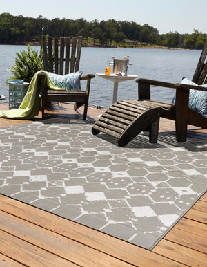 Gray 7' 10 x 7' 10 Outdoor Trellis Square Area Rug Weather Resistant for Patio, Deck, Terrace, Balcony, Porch Geometric Design Water Safe Outside Carpet for Sale at Rug Engine