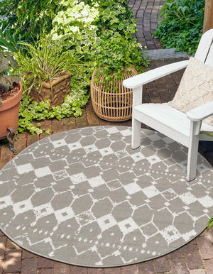 Gray 7' x 7' Outdoor Trellis Round Area Rug Weather Resistant for Patio, Deck, Terrace, Balcony, Porch Geometric Design Water Safe Outside Carpet for Sale at Rug Engine