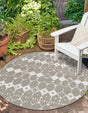 Gray 7' x 7' Outdoor Trellis Round Area Rug Weather Resistant for Patio, Deck, Terrace, Balcony, Porch Geometric Design Water Safe Outside Carpet for Sale at Rug Engine