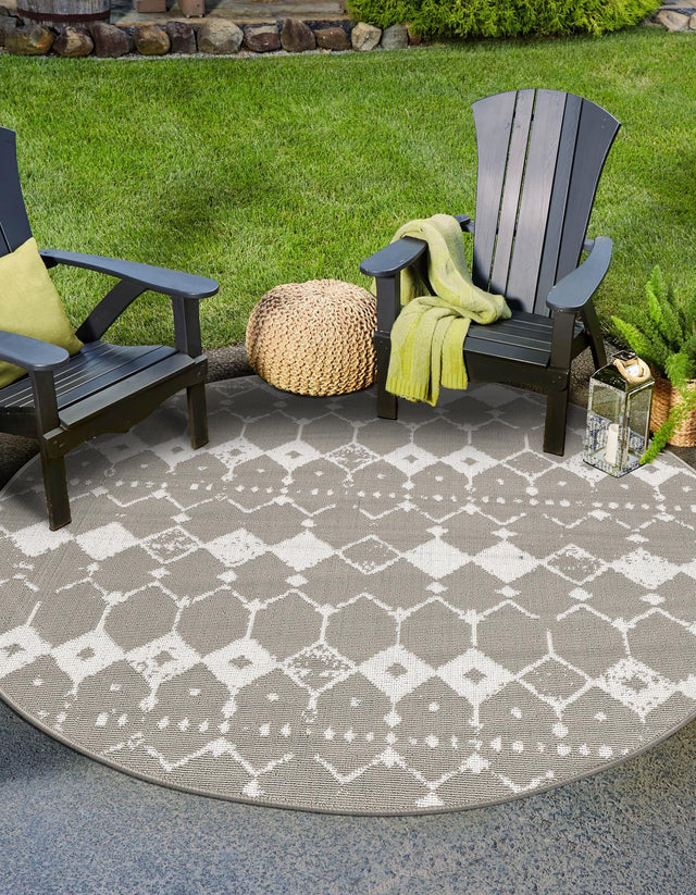 Gray 7' x 7' Outdoor Trellis Round Area Rug Weather Resistant for Patio, Deck, Terrace, Balcony, Porch Geometric Design Water Safe Outside Carpet for Sale at Rug Engine