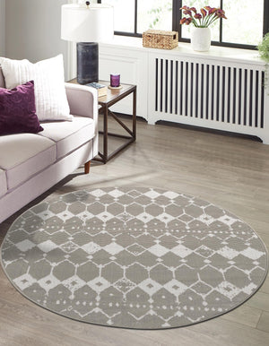 Gray 4' x 4' Outdoor Trellis Round Area Rug Weather Resistant for Patio, Deck, Terrace, Balcony, Porch Geometric Design Water Safe Outside Carpet for Sale at Rug Engine