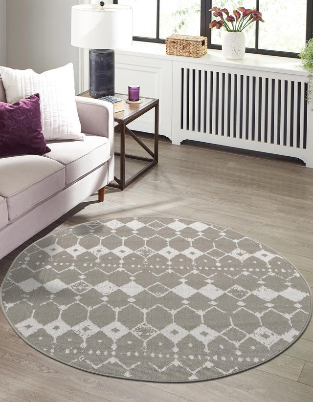 Gray 4' x 4' Outdoor Trellis Round Area Rug Weather Resistant for Patio, Deck, Terrace, Balcony, Porch Geometric Design Water Safe Outside Carpet for Sale at Rug Engine