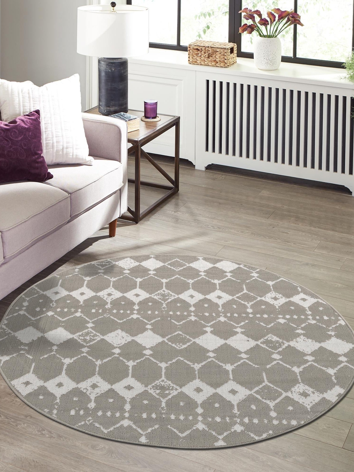 Gray 7' x 7' Outdoor Trellis Round Area Rug Weather Resistant for Patio, Deck, Terrace, Balcony, Porch Geometric Design Water Safe Outside Carpet for Sale at Rug Engine