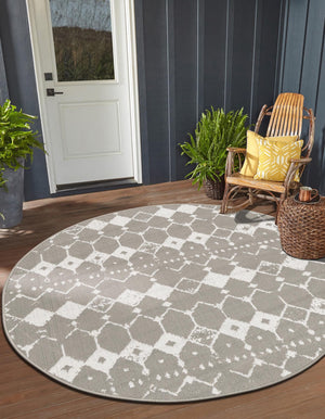 Gray 4' x 4' Outdoor Trellis Round Area Rug Weather Resistant for Patio, Deck, Terrace, Balcony, Porch Geometric Design Water Safe Outside Carpet for Sale at Rug Engine