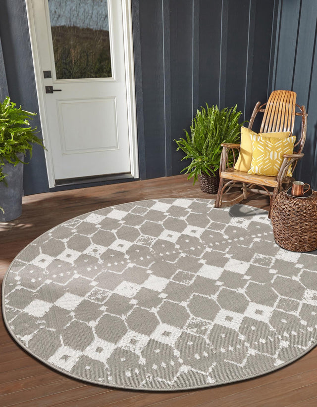 Gray 4' x 4' Outdoor Trellis Round Area Rug Weather Resistant for Patio, Deck, Terrace, Balcony, Porch Geometric Design Water Safe Outside Carpet for Sale at Rug Engine