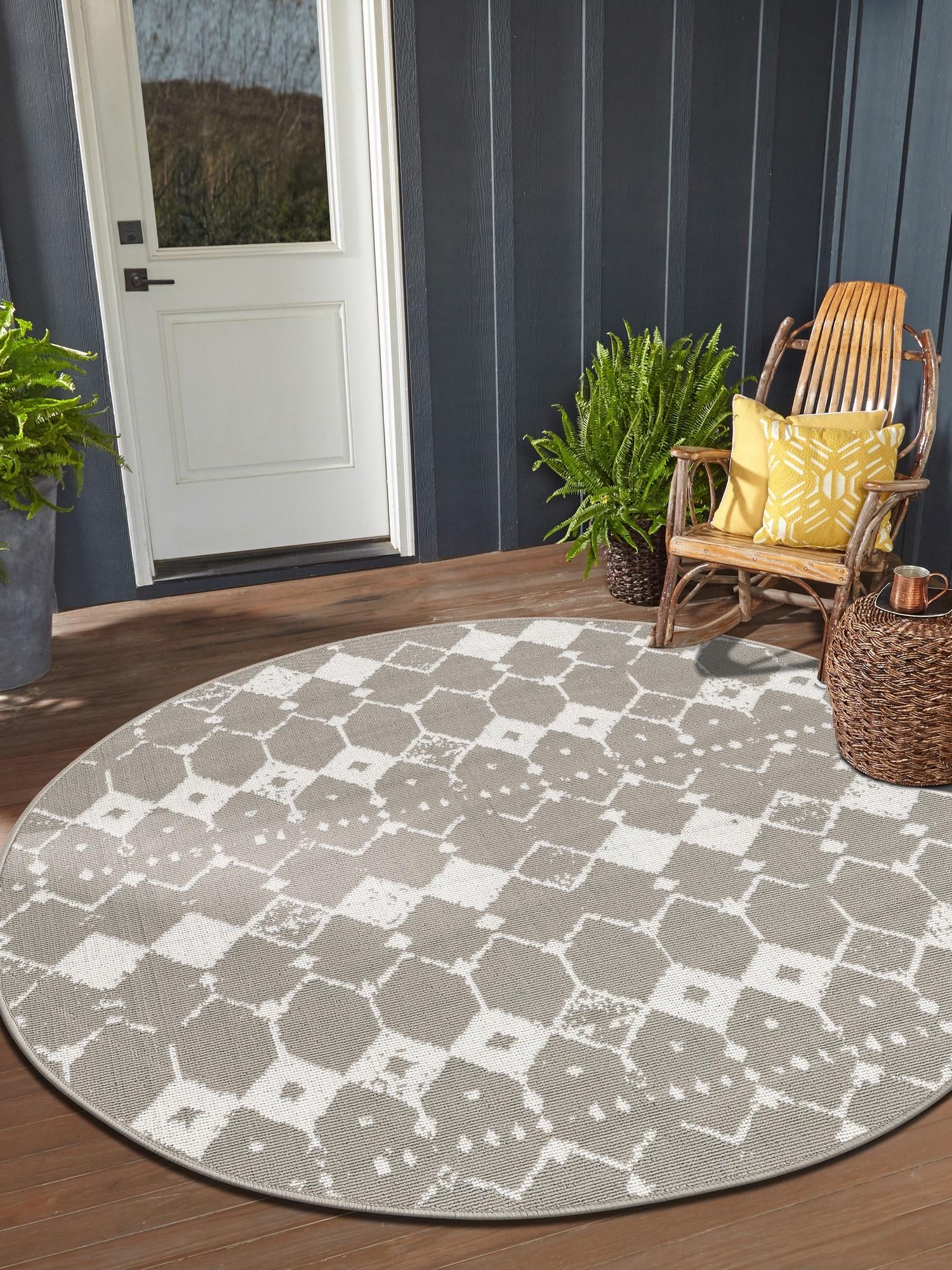 Gray 7' x 7' Outdoor Trellis Round Area Rug Weather Resistant for Patio, Deck, Terrace, Balcony, Porch Geometric Design Water Safe Outside Carpet for Sale at Rug Engine