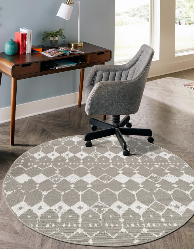 Gray 7' x 7' Outdoor Trellis Round Area Rug Weather Resistant for Patio, Deck, Terrace, Balcony, Porch Geometric Design Water Safe Outside Carpet for Sale at Rug Engine