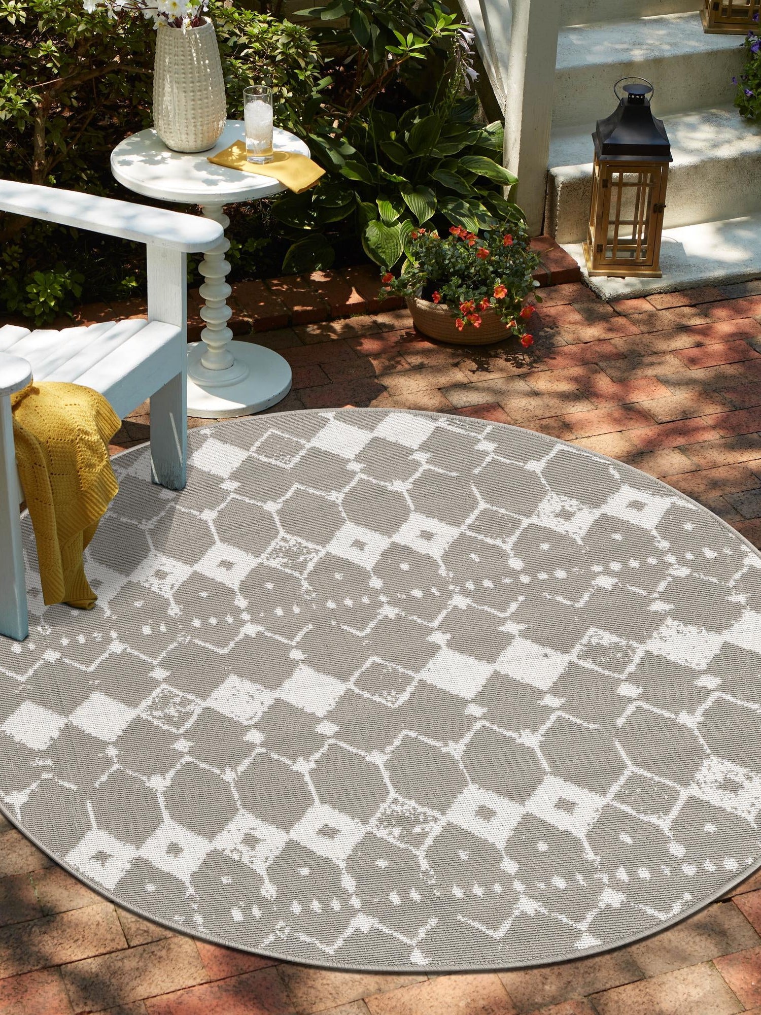 Gray 7' x 7' Outdoor Trellis Round Area Rug Weather Resistant for Patio, Deck, Terrace, Balcony, Porch Geometric Design Water Safe Outside Carpet for Sale at Rug Engine
