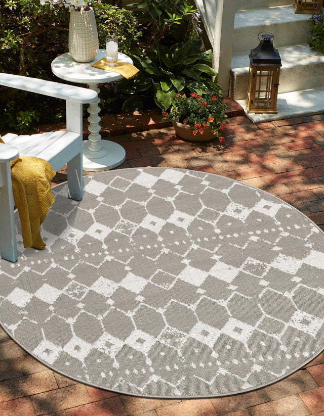 Gray 7' x 7' Outdoor Trellis Round Area Rug Weather Resistant for Patio, Deck, Terrace, Balcony, Porch Geometric Design Water Safe Outside Carpet for Sale at Rug Engine