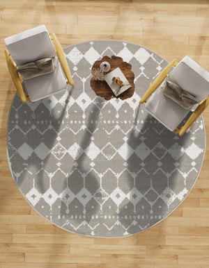 Gray 7' x 7' Outdoor Trellis Round Area Rug Weather Resistant for Patio, Deck, Terrace, Balcony, Porch Geometric Design Water Safe Outside Carpet for Sale at Rug Engine