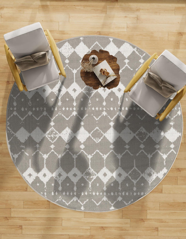 Gray 7' x 7' Outdoor Trellis Round Area Rug Weather Resistant for Patio, Deck, Terrace, Balcony, Porch Geometric Design Water Safe Outside Carpet for Sale at Rug Engine