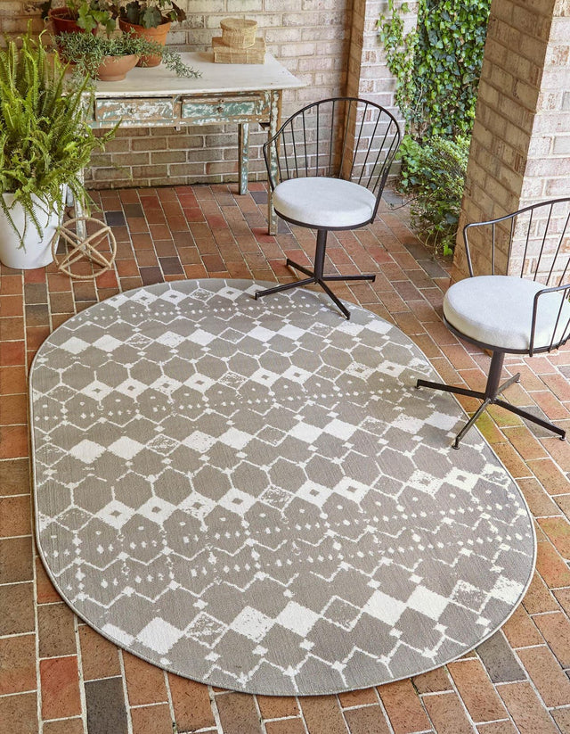 Gray 5' 3 x 8' Outdoor Trellis Oval Area Rug Weather Resistant for Patio, Deck, Terrace, Balcony, Porch Geometric Design Water Safe Outside Carpet for Sale at Rug Engine