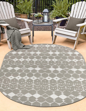 Gray 5' 3 x 8' Outdoor Trellis Oval Area Rug Weather Resistant for Patio, Deck, Terrace, Balcony, Porch Geometric Design Water Safe Outside Carpet for Sale at Rug Engine
