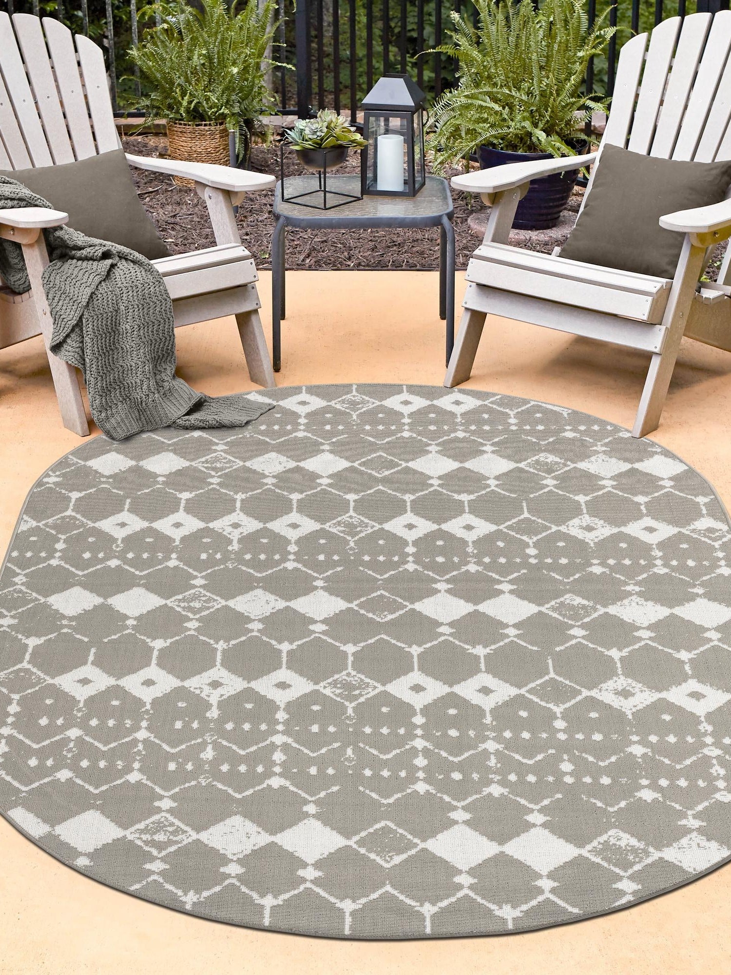 Gray 7' 10 x 10' Outdoor Trellis Oval Area Rug Weather Resistant for Patio, Deck, Terrace, Balcony, Porch Geometric Design Water Safe Outside Carpet for Sale at Rug Engine