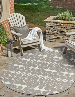 Gray 7' 10 x 10' Outdoor Trellis Oval Area Rug Weather Resistant for Patio, Deck, Terrace, Balcony, Porch Geometric Design Water Safe Outside Carpet for Sale at Rug Engine