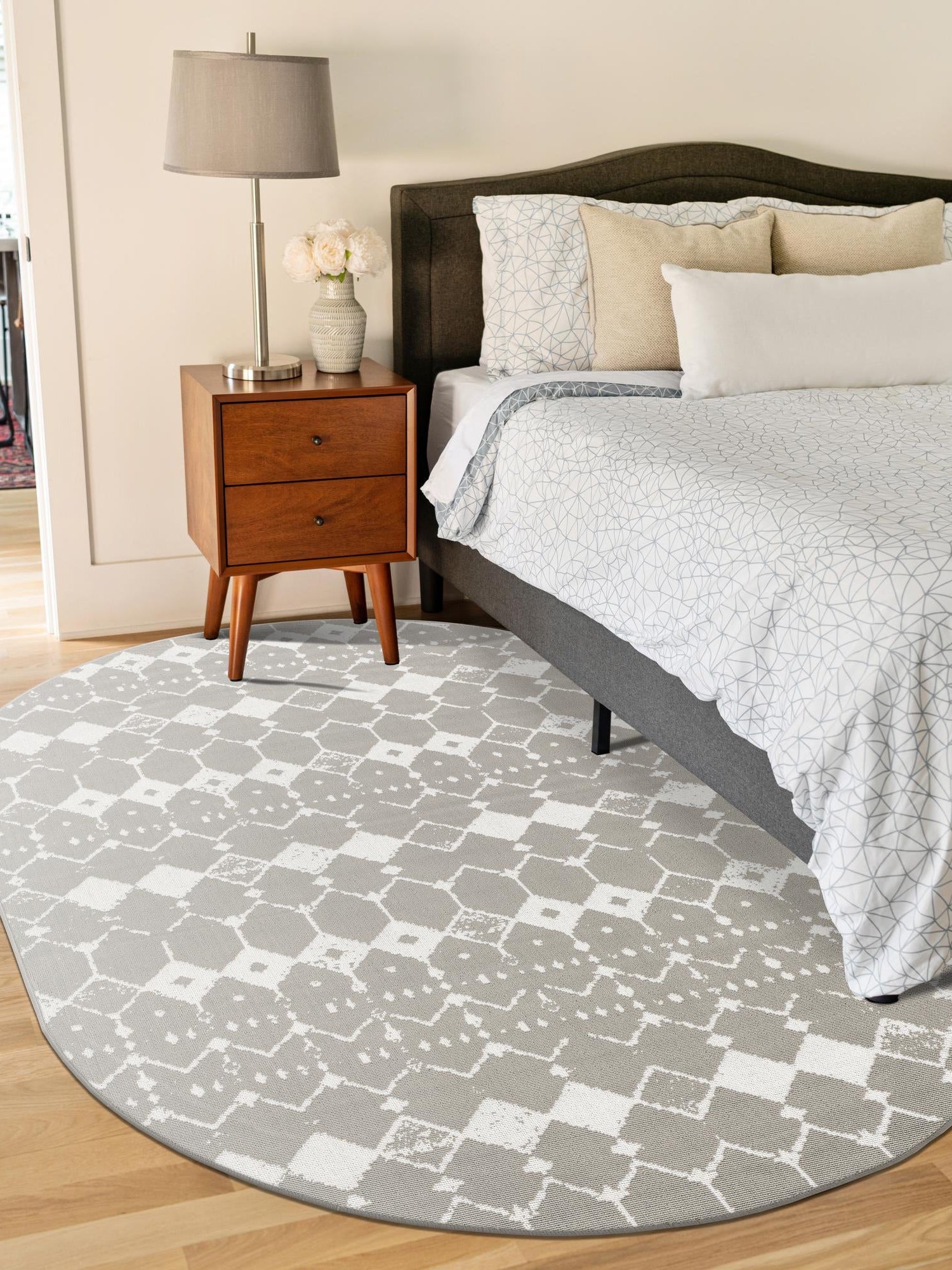 Gray 7' 10 x 10' Outdoor Trellis Oval Area Rug Weather Resistant for Patio, Deck, Terrace, Balcony, Porch Geometric Design Water Safe Outside Carpet for Sale at Rug Engine