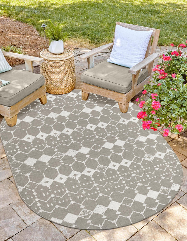 Gray 7' 10 x 10' Outdoor Trellis Oval Area Rug Weather Resistant for Patio, Deck, Terrace, Balcony, Porch Geometric Design Water Safe Outside Carpet for Sale at Rug Engine