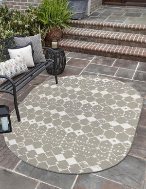 Gray 5' 3 x 8' Outdoor Trellis Oval Area Rug Weather Resistant for Patio, Deck, Terrace, Balcony, Porch Geometric Design Water Safe Outside Carpet for Sale at Rug Engine