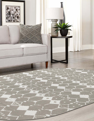 Gray 5' 3 x 8' Outdoor Trellis Oval Area Rug Weather Resistant for Patio, Deck, Terrace, Balcony, Porch Geometric Design Water Safe Outside Carpet for Sale at Rug Engine