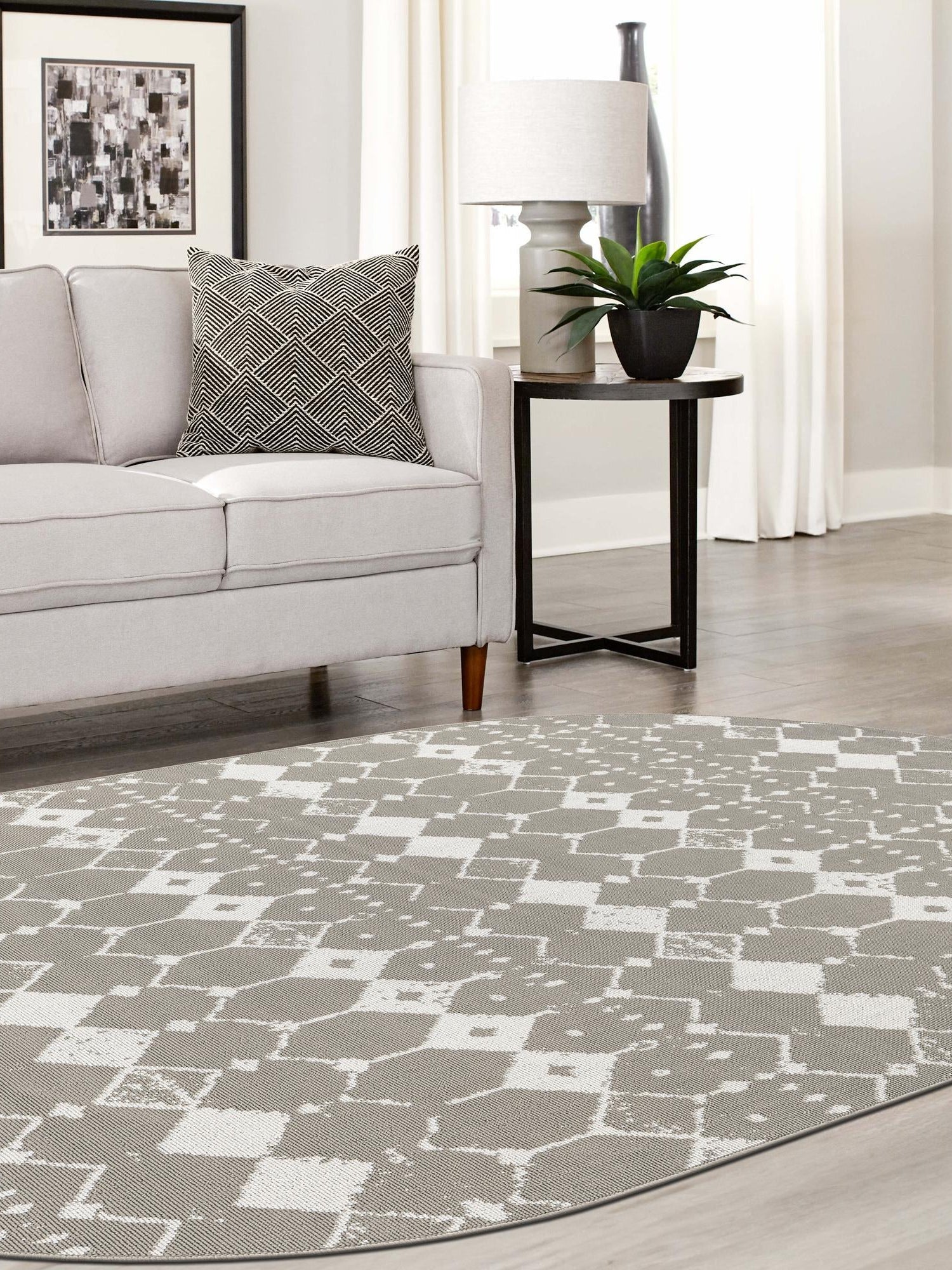 Gray 7' 10 x 10' Outdoor Trellis Oval Area Rug Weather Resistant for Patio, Deck, Terrace, Balcony, Porch Geometric Design Water Safe Outside Carpet for Sale at Rug Engine