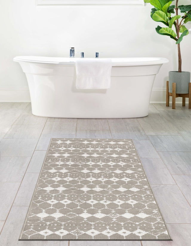 Gray 2' x 6' Outdoor Trellis Runner Area Rug Weather Resistant for Patio, Deck, Terrace, Balcony, Porch Geometric Design Water Safe Outside Carpet for Sale at Rug Engine