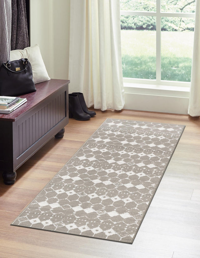 Gray 2' x 6' Outdoor Trellis Runner Area Rug Weather Resistant for Patio, Deck, Terrace, Balcony, Porch Geometric Design Water Safe Outside Carpet for Sale at Rug Engine