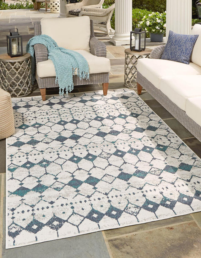 Ivory and Blue 9' x 12' Outdoor Trellis Rectangle Area Rug Weather Resistant for Patio, Deck, Terrace, Balcony, Porch Geometric Design Water Safe Outside Carpet for Sale at Rug Engine
