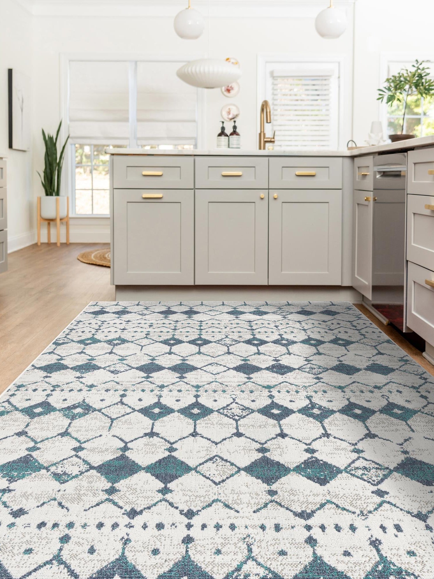 Ivory and Blue 4' x 6' Outdoor Trellis Rectangle Area Rug Weather Resistant for Patio, Deck, Terrace, Balcony, Porch Geometric Design Water Safe Outside Carpet for Sale at Rug Engine