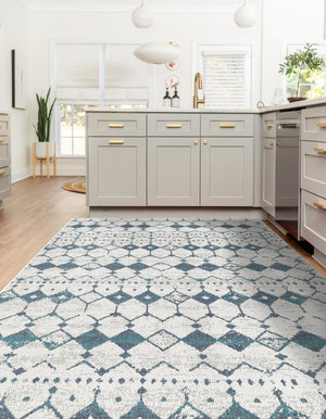 Ivory and Blue 7' 10 x 10' Outdoor Trellis Rectangle Area Rug Weather Resistant for Patio, Deck, Terrace, Balcony, Porch Geometric Design Water Safe Outside Carpet for Sale at Rug Engine