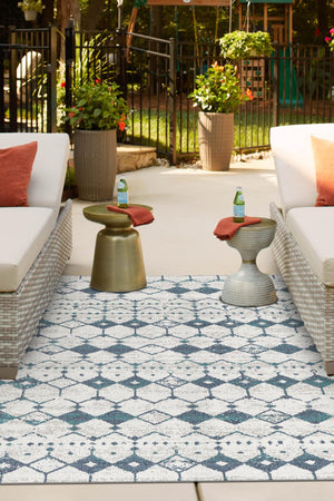 Ivory and Blue 7' 10 x 10' Outdoor Trellis Rectangle Area Rug Weather Resistant for Patio, Deck, Terrace, Balcony, Porch Geometric Design Water Safe Outside Carpet for Sale at Rug Engine