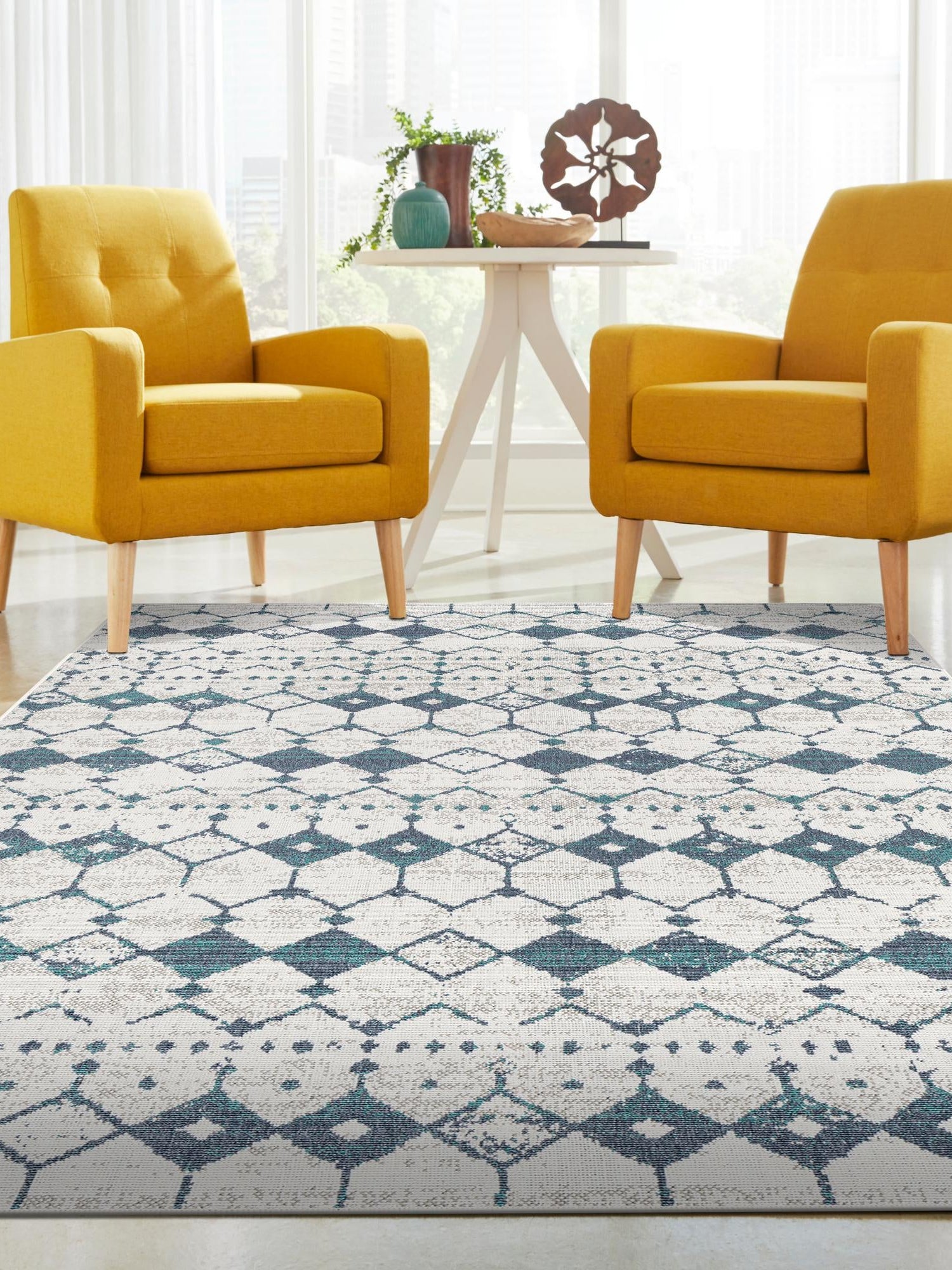 Ivory and Blue 4' x 6' Outdoor Trellis Rectangle Area Rug Weather Resistant for Patio, Deck, Terrace, Balcony, Porch Geometric Design Water Safe Outside Carpet for Sale at Rug Engine